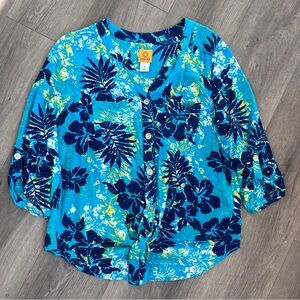 Ruby Rd Tie Front Button Up Tropical Printed Shirt size Medium Vacation Summer